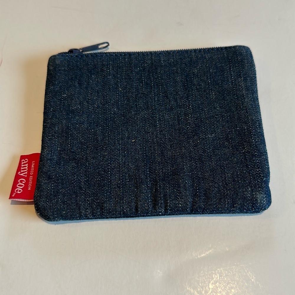 Amy Coe pocket case bag denim snap on zip top water resistant vinyl lining 5x6”